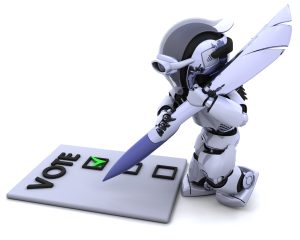 Home 2 Imagem de um robô futurista utilizando uma caneta para marcar sua opção em uma cédula de votação, com a palavra 'VOTE' em destaque. O robô está interagindo com uma urna eletrônica, representando de forma simbólica o processo de votação. A imagem faz alusão a um cenário imaginário de 'eleições brasileiras', onde a tecnologia, representada pelo robô, poderia desempenhar um papel no processo eleitoral.