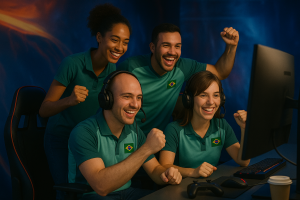 Equipe brasileira de e-sports comemora vitória durante campeonato, reunida em frente ao monitor, vestindo uniformes verde e azul com a bandeira do Brasil, em ambiente iluminado com luzes coloridas e equipamentos gamer sobre a mesa.