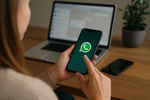 Mulher utilizando o aplicativo do WhatsApp no celular, com notebook ao fundo, representando a possibilidade de investir em ações e criptomoedas direto pelo WhatsApp no Brasil.