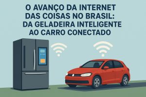 Ilustração em estilo flat sobre a expansão da internet das coisas no Brasil. Na parte superior, em letras grandes, aparece o título ‘O avanço da internet das coisas no Brasil: da geladeira inteligente ao carro conectado’. À esquerda, há uma geladeira moderna de cor cinza-escura com uma tela digital na porta, representando eletrodomésticos inteligentes. À direita, um carro hatch vermelho está estacionado, simbolizando veículos conectados. Acima da geladeira e do carro, ícones de sinal Wi-Fi indicam que ambos estão ligados à rede. O fundo é azul claro com chão verde suave, reforçando a ideia de tecnologia integrada ao cotidiano.