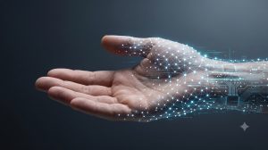 Home 8 Mão humana estendida sobre fundo escuro e minimalista, com o pulso e a palma transicionando gradualmente para circuitos integrados e uma rede cibernética de pontos luminosos azuis, representando a fusão entre biologia e tecnologia.
